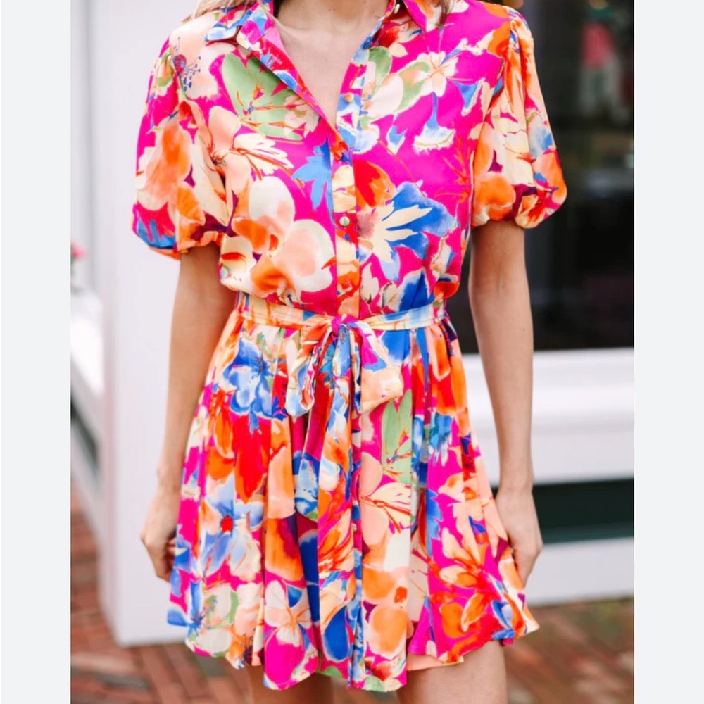 FLYING TOMATOES all for the fun fuchsia Floral Dress with Puff Sleeves